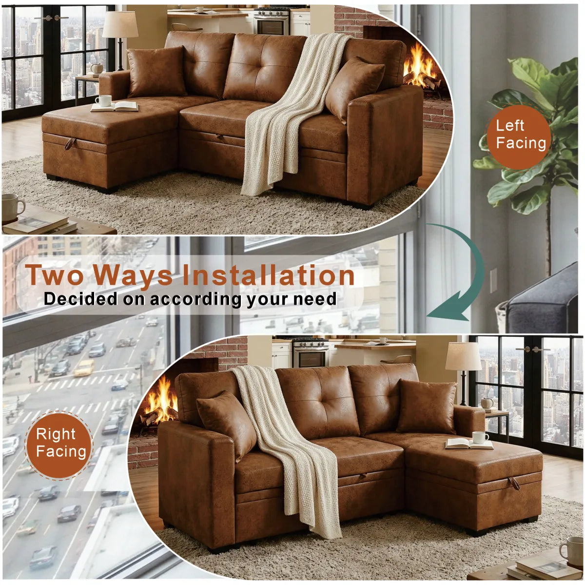 L-Shaped Pull-Out Sleeper Sofa – Reversible Chaise, Storage Sectional, Light Brown – view 5