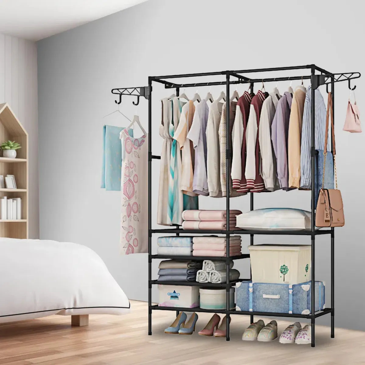 Heavy Duty Metal Garment Rack with Shoe Shelf – Freestanding Clothing Organizer
