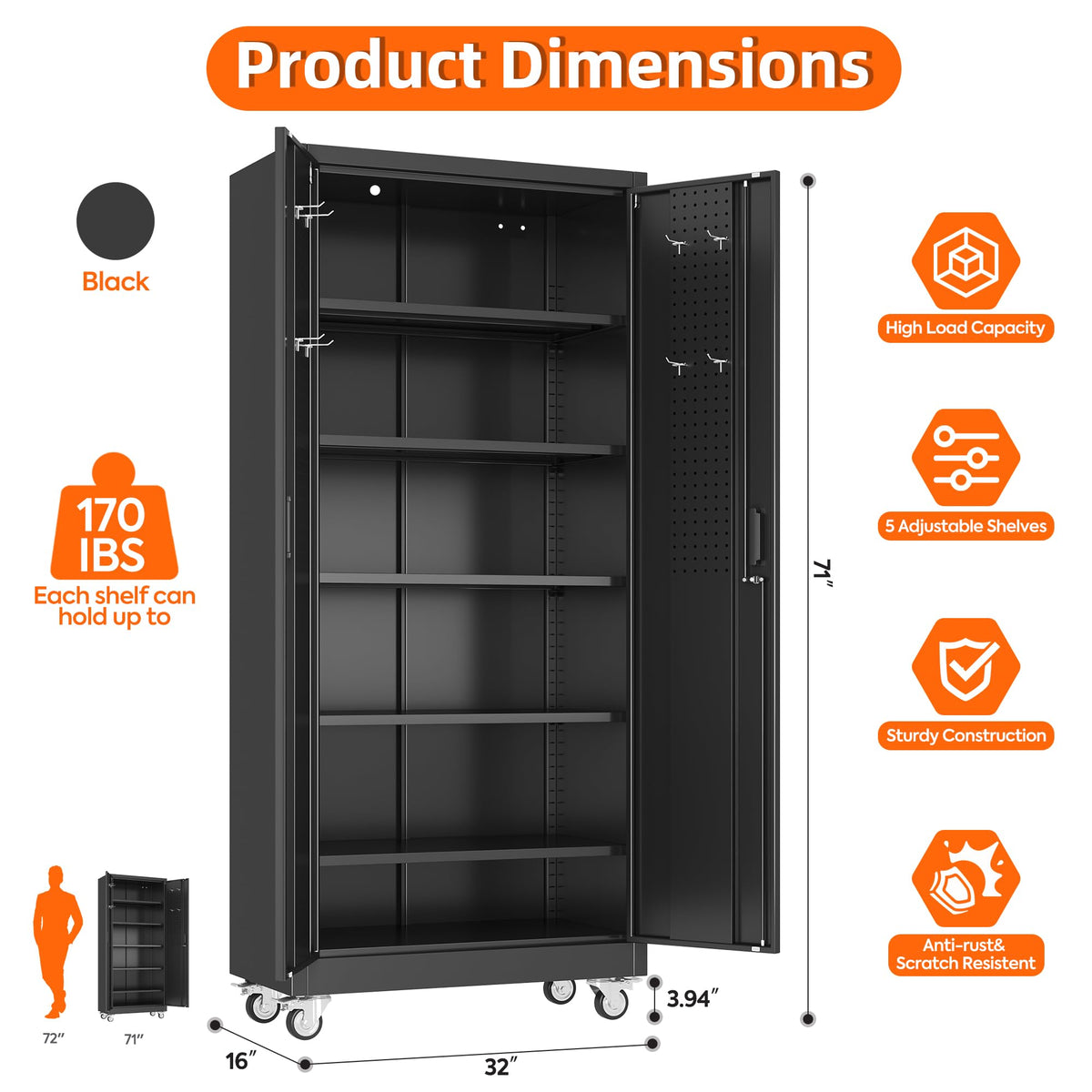 Lockable metal storage cabinet with pegboard, black