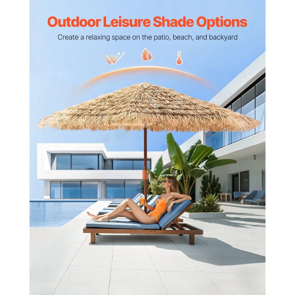 9 Ft Thatched Tiki Patio Umbrella – Poolside and Beach Shade