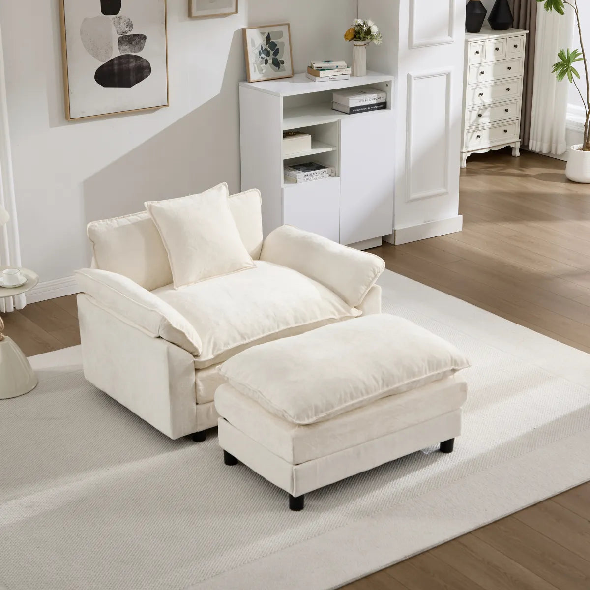 Chenille Club Chair with Ottoman, Beige