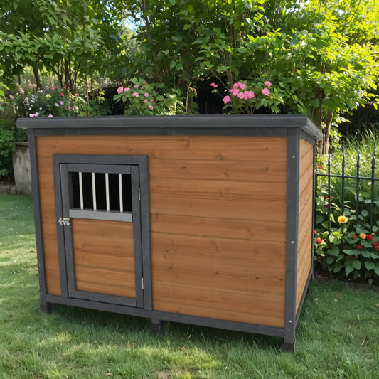 45" Large Wooden Dog House with Waterproof PVC Roof, Gray and Yellow