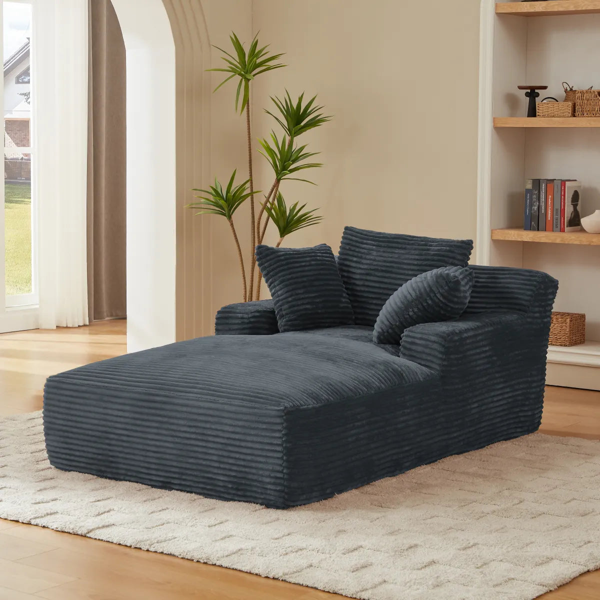 Oversized Chaise Lounge Chair – Corduroy Upholstered Indoor Lounge Sofa, Dark Grey – view 6
