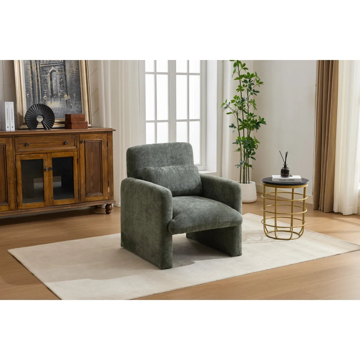 Contemporary Boucle Fabric Accent Armchair, Antique Green