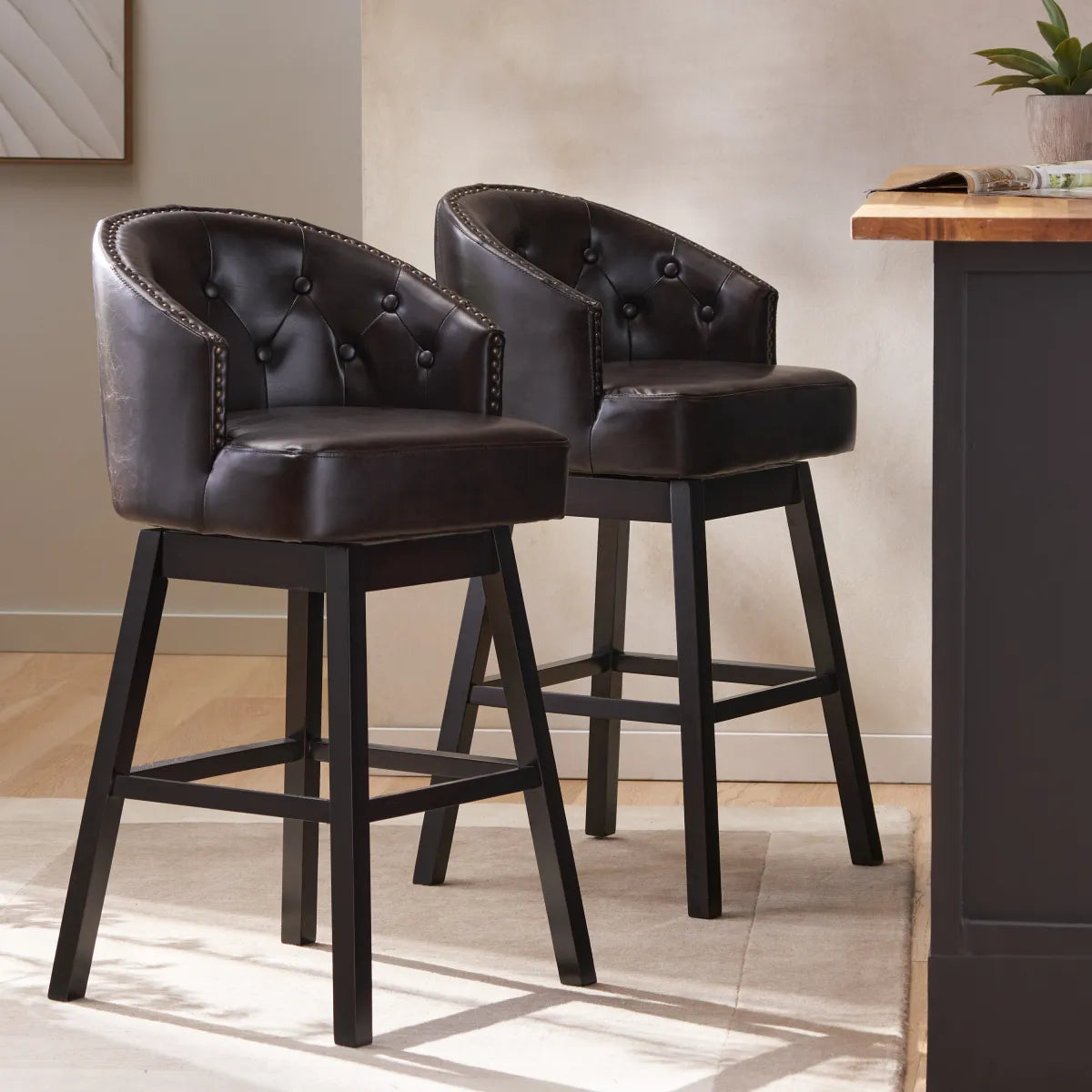 360° Swivel Bar Stools with Nailhead Trim, Set of 2, Brown