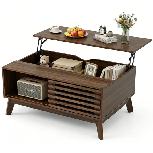 35" Mid Century Modern Lift Top Coffee Table – Slatted Sliding Door, Walnut