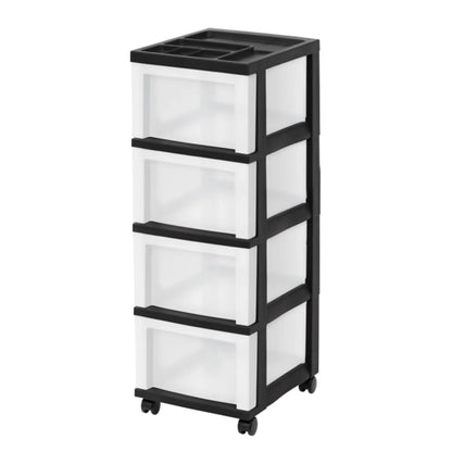 4-Drawer Narrow Rolling Storage Cart with Organizer Top, Black