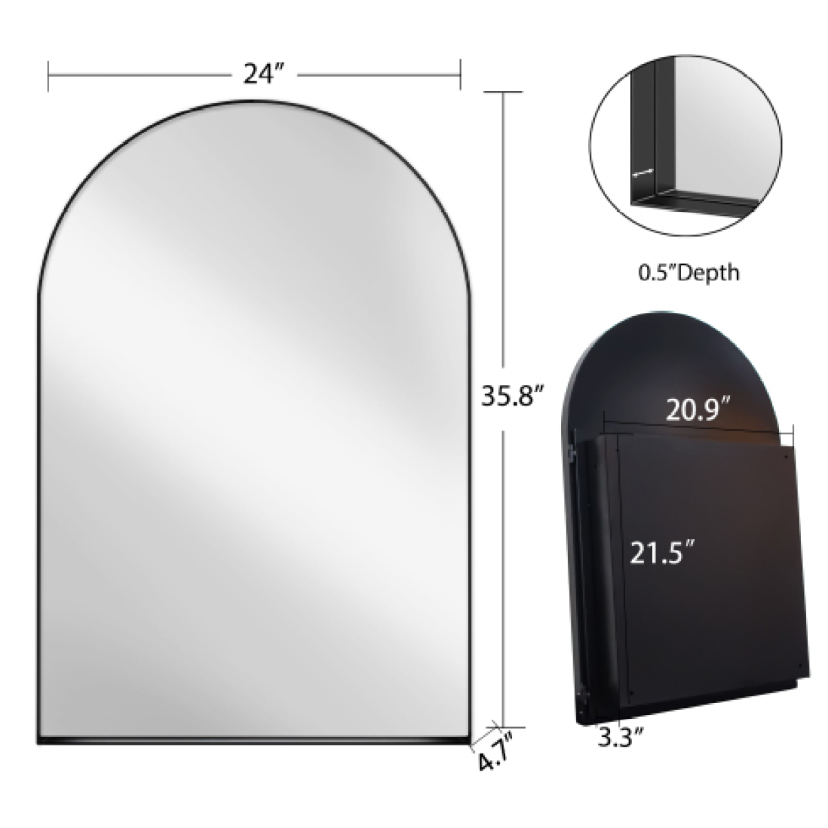 24x36 Arched Recessed Medicine Cabinet – Metal Framed Mirror, Matte Black Bathroom Storage – view 6