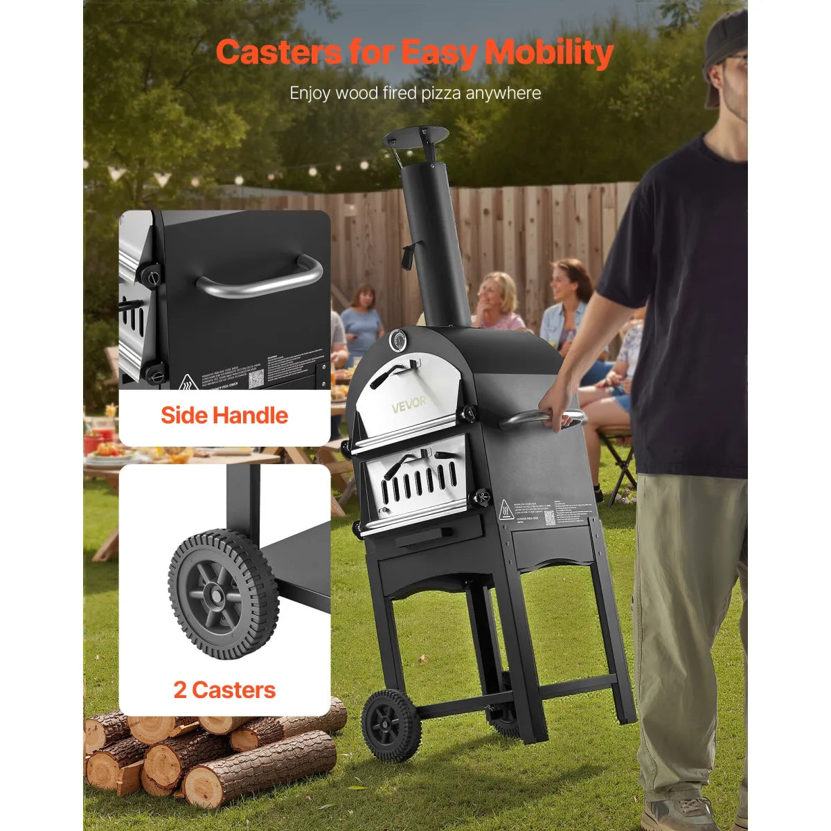 12" Wood-Fired Outdoor Pizza Oven with Wheels, 2-Layer