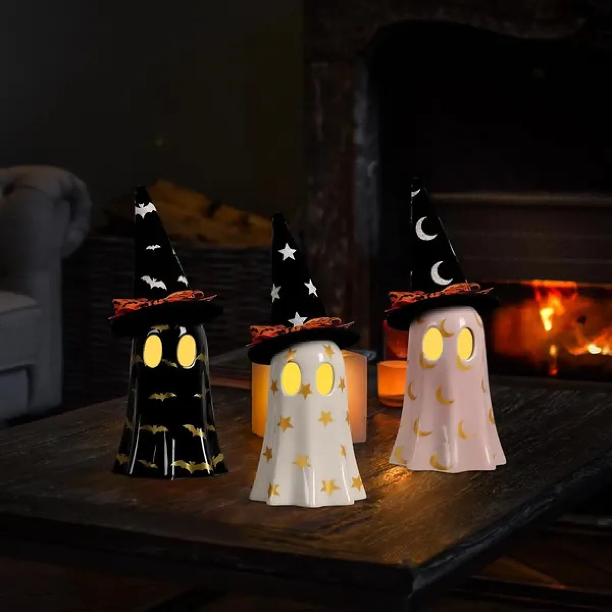 Set of 3 Ceramic Halloween Ghosts with Witch Hats, Spooky Mantel and Shelf Decor