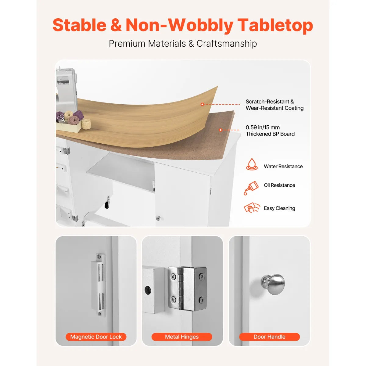 Folding Sewing Table with Cabinet and Charging Station