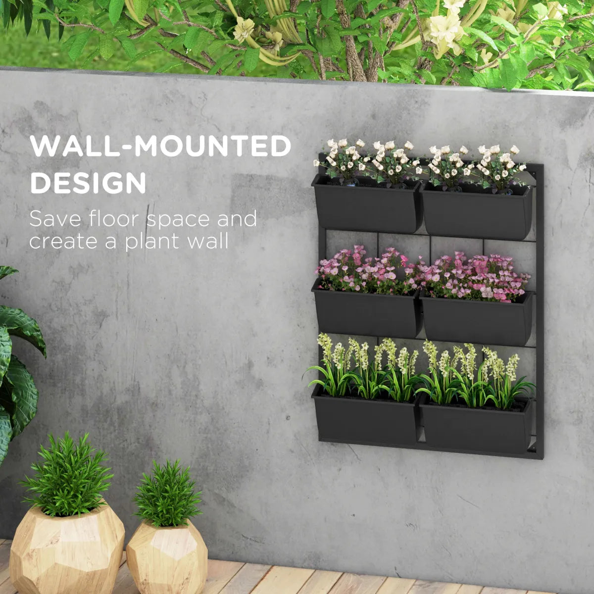 3-Tier Hanging Wall Planter with 6 Self-Draining Pots, Black