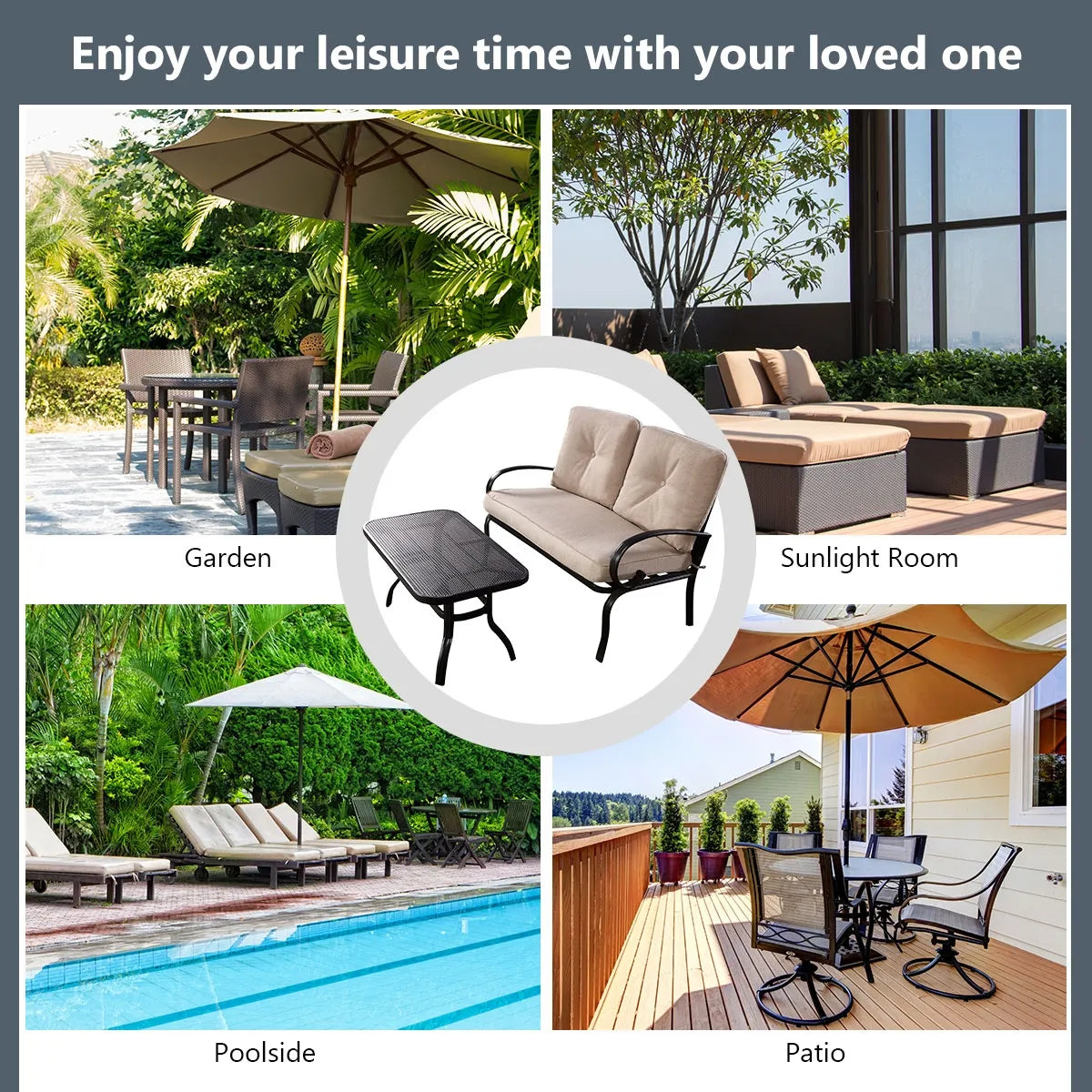 2-Piece Patio Loveseat and Coffee Table Set with Beige Cushions