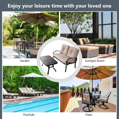 2-Piece Patio Loveseat and Coffee Table Set with Beige Cushions