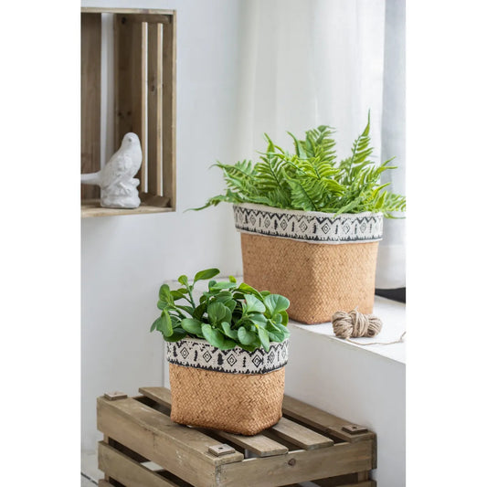Set of 2 Rectangular Basket Planters with Geometric Trim