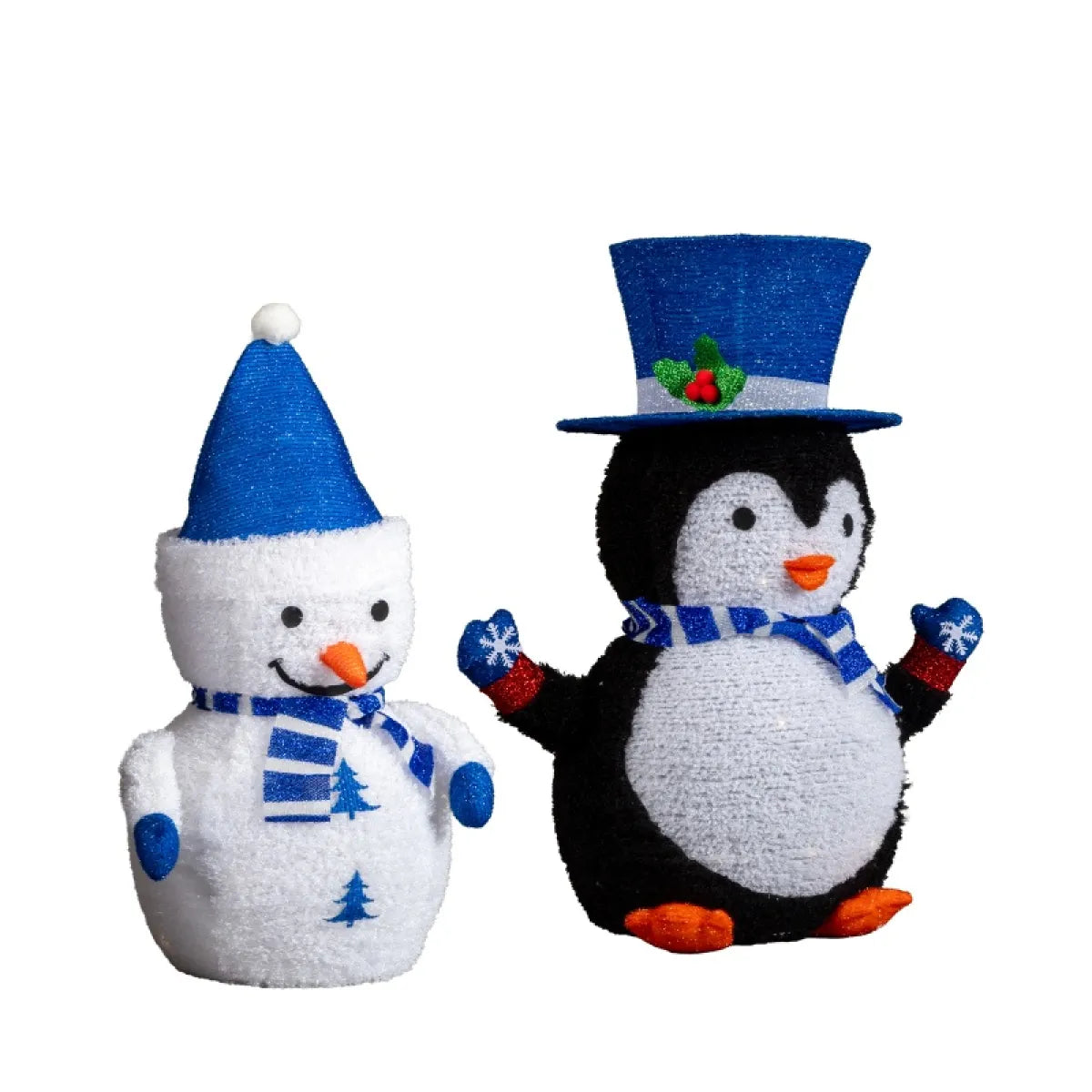 Set of 2 Pre-Lit Plush Penguin and Snowman Christmas Decorations