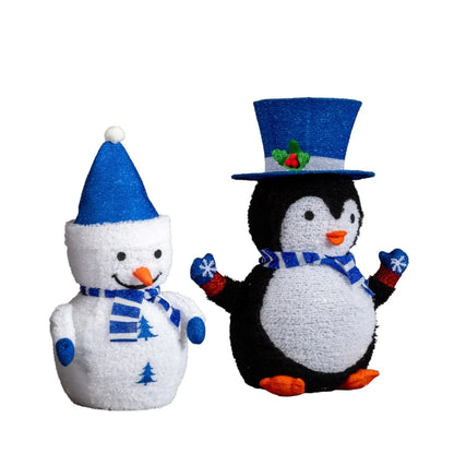 Set of 2 Pre-Lit Plush Penguin and Snowman Christmas Decorations