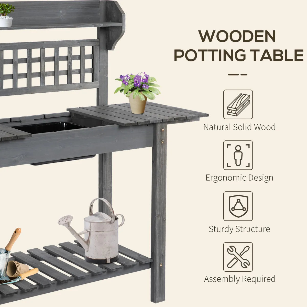 Wooden Garden Potting Bench with Hidden Storage and Sliding Tabletop, Gray