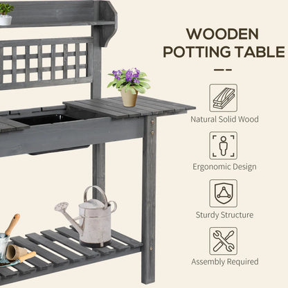 Wooden Garden Potting Bench with Hidden Storage and Sliding Tabletop, Gray