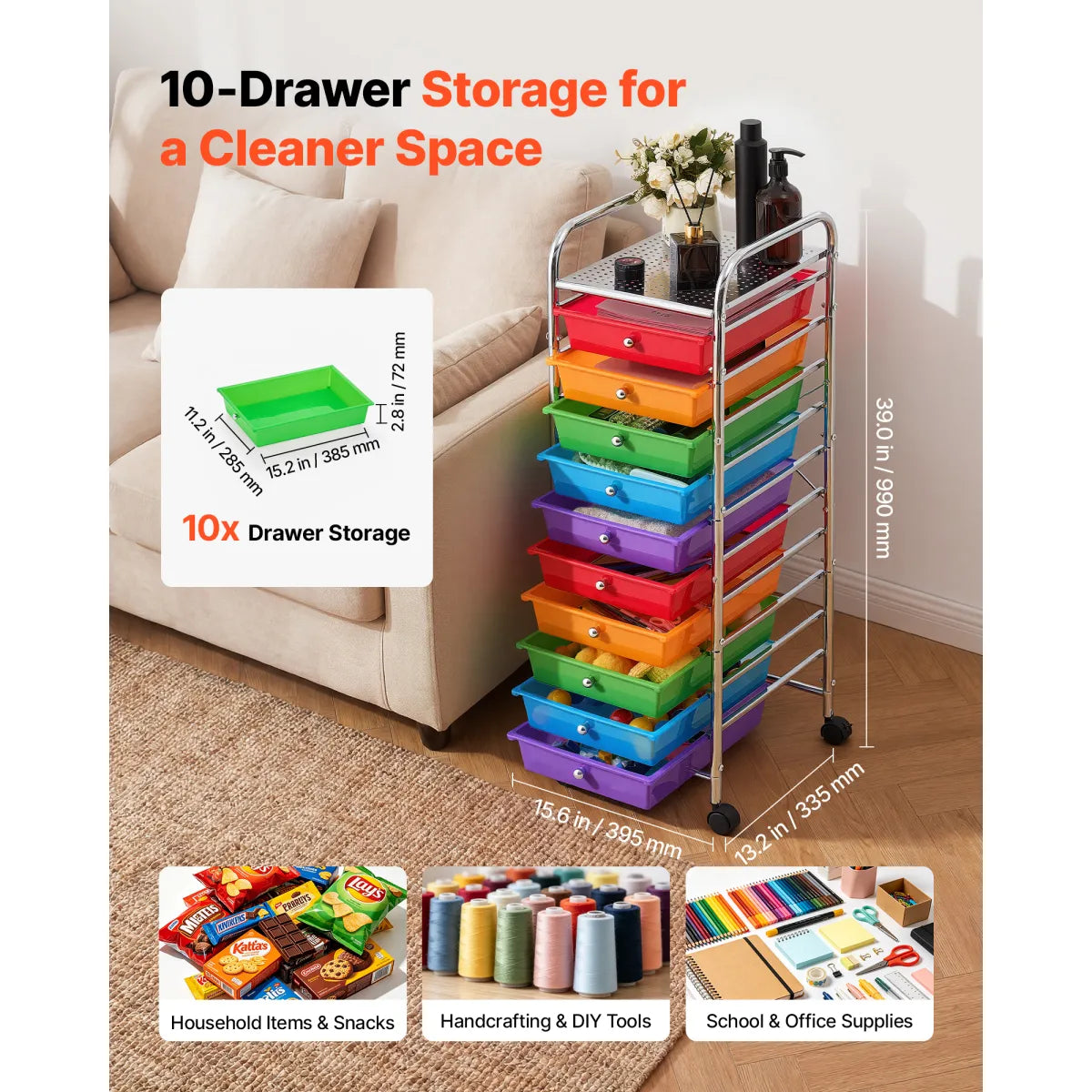 10-Drawer Rolling Storage Cart – Mobile Utility Organizer