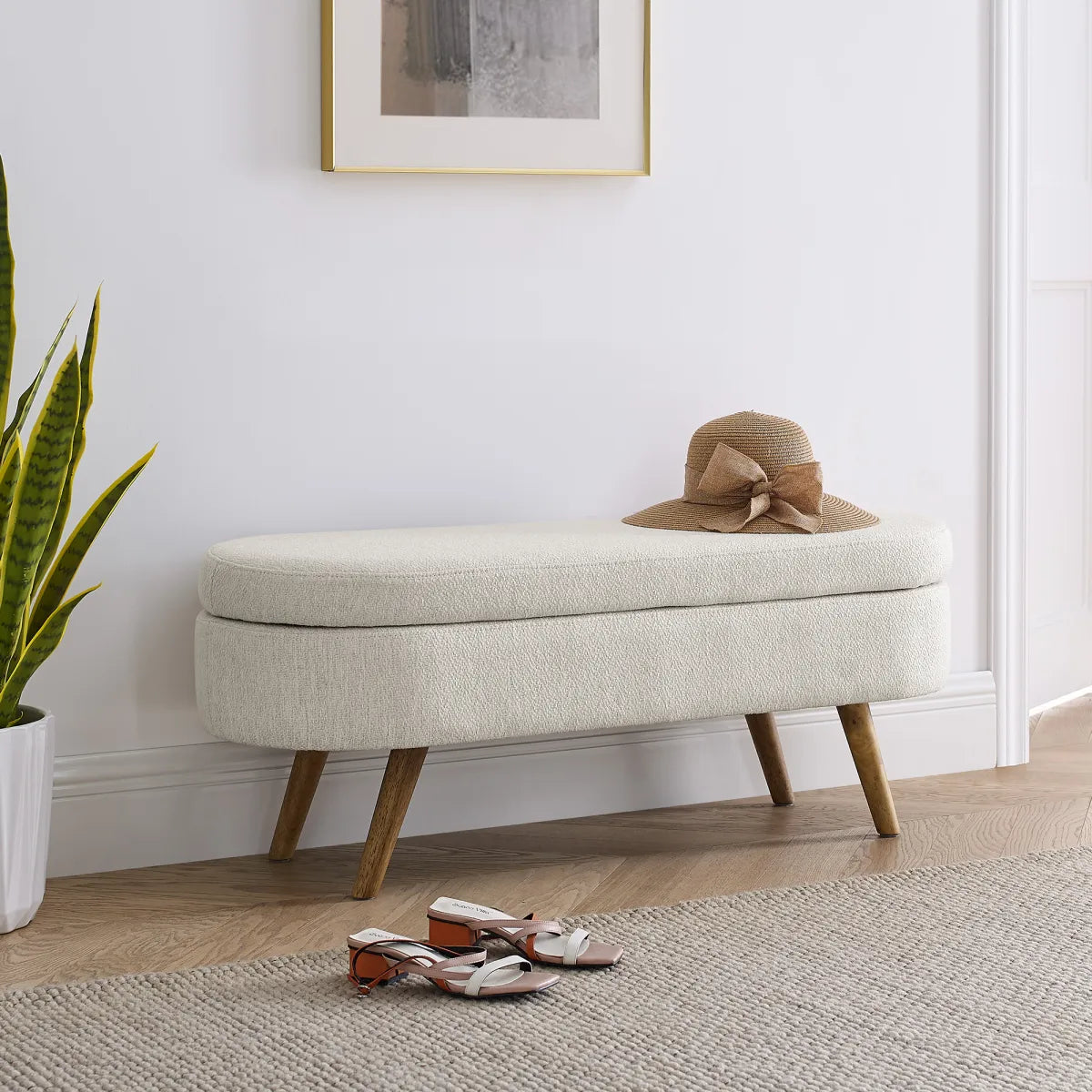 Oval Storage Bench with Rubber Wood Legs, Beige