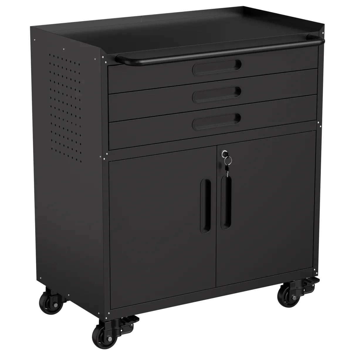 Rolling Metal Tool Cabinet with Lockable Doors and 3 Drawers, Black