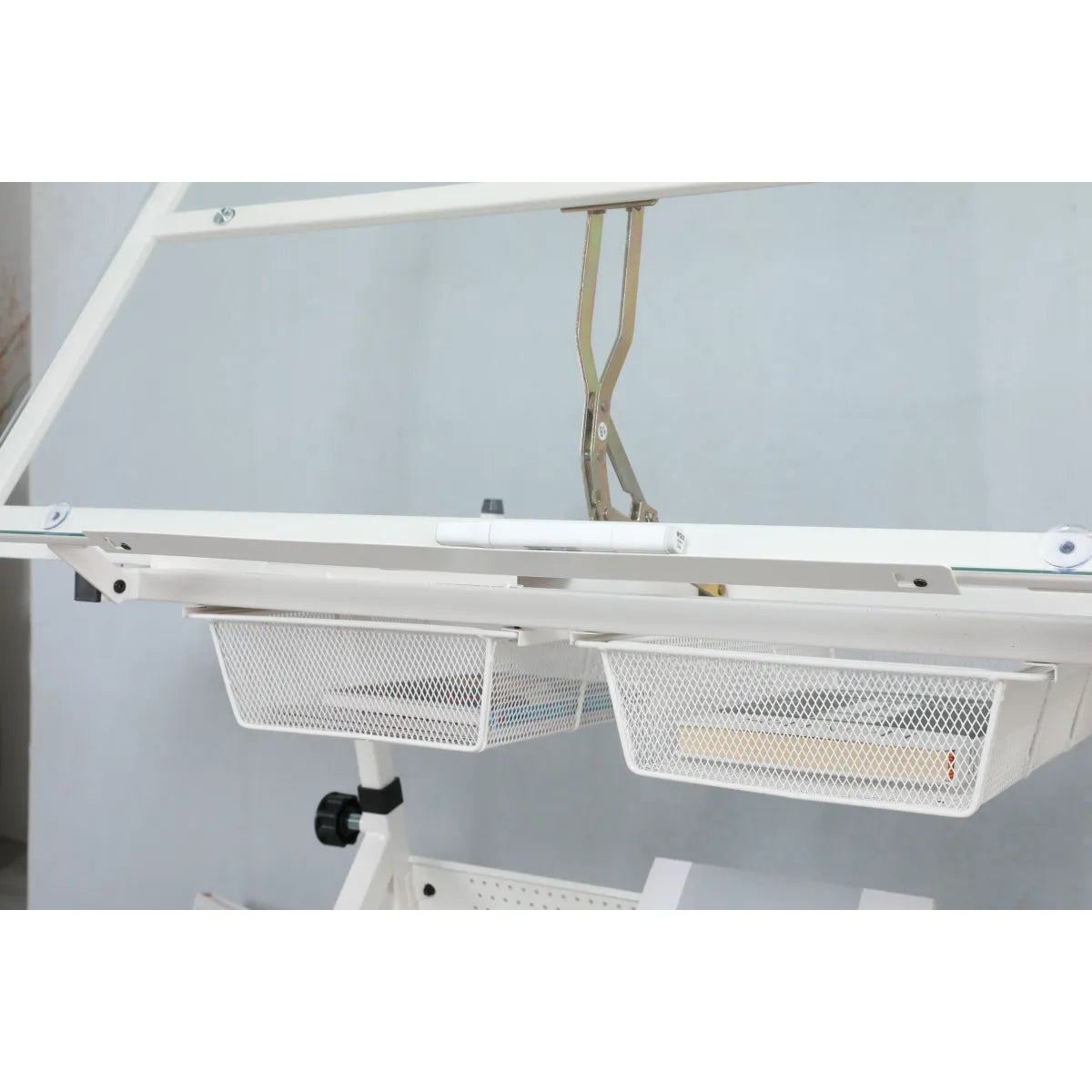 Adjustable Tempered Glass Drafting Table with Chair, White