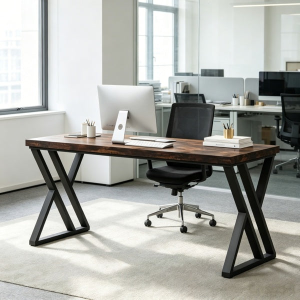 Industrial writing desk with Z-shaped legs, rustic wood and black