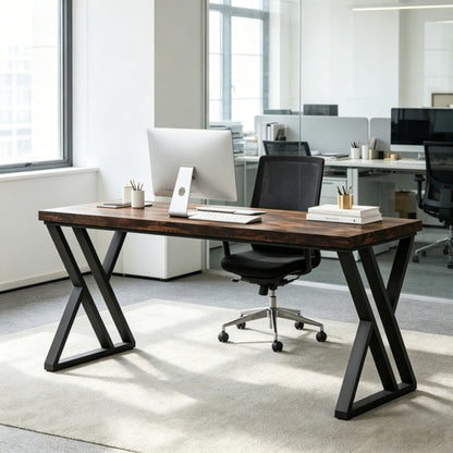 Industrial writing desk with Z-shaped legs, rustic wood and black