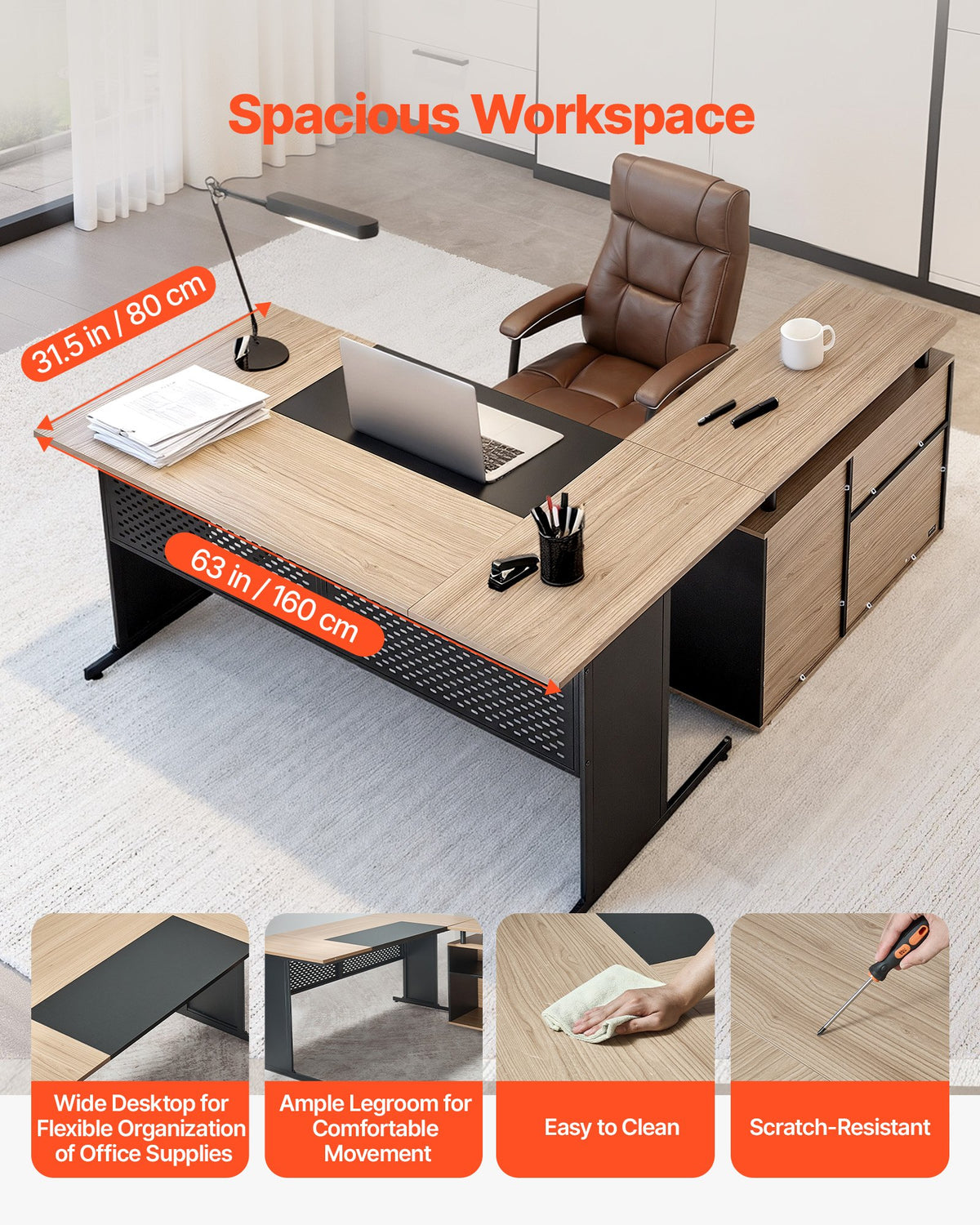 L-shaped executive desk with lockable drawers