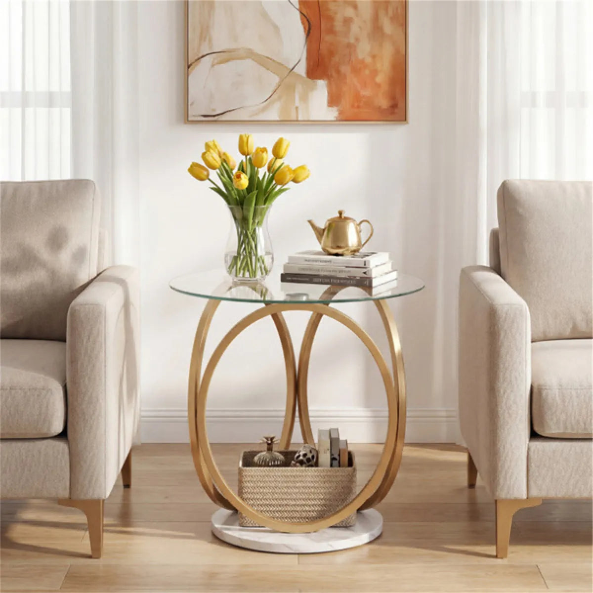 2-Tier Glass Top Side Table with Faux Marble Base – view 4