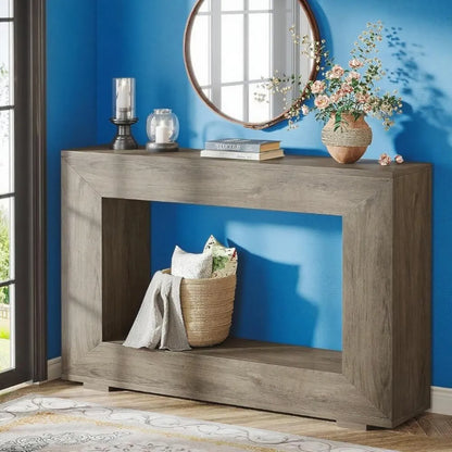 Weathered Grey Wood Console Table with Storage Shelf