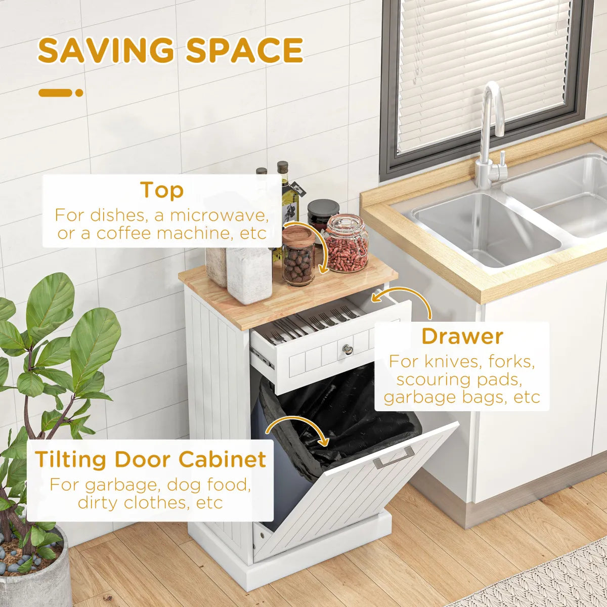 10 Gallon Tilt-Out Trash Cabinet with Storage Drawer, White