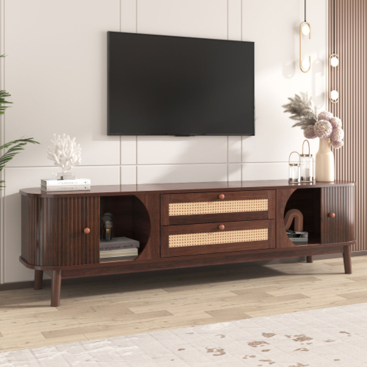 Cable-Management Rattan TV Stand – Solid Wood for TVs up to 75", Living Room Media Console – view 6