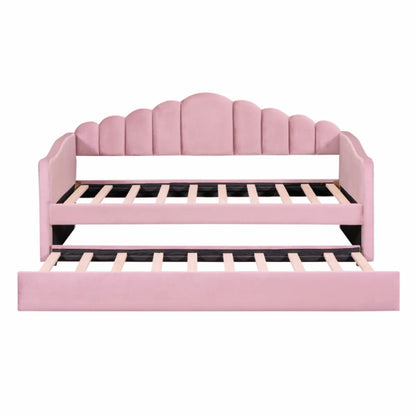 Twin Size Upholstered Daybed with Trundle – Velvet Sofa Bed with USB Charging, Pink – view 3