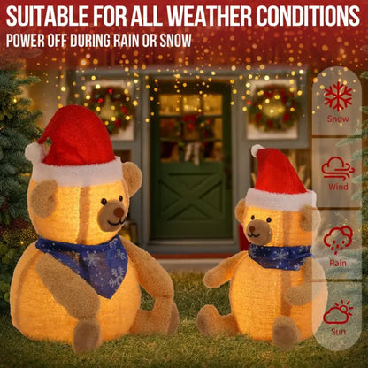 Set of 2 Pre-Lit Plush Bear Christmas Decorations with Warm White LED Lights