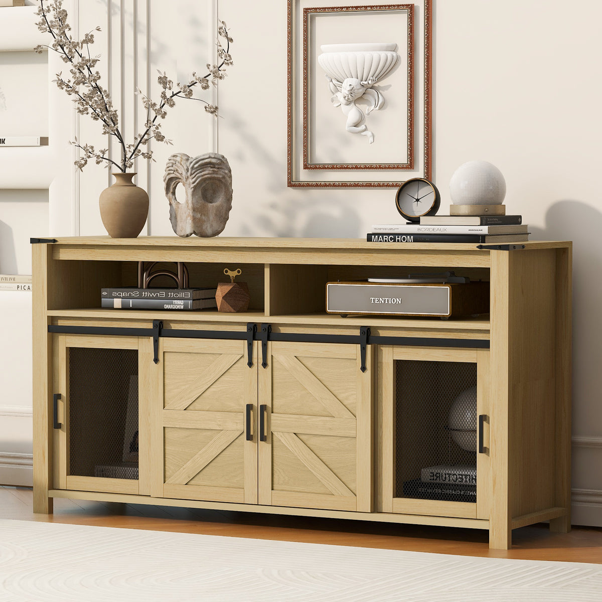 Farmhouse sideboard with barn door, natural
