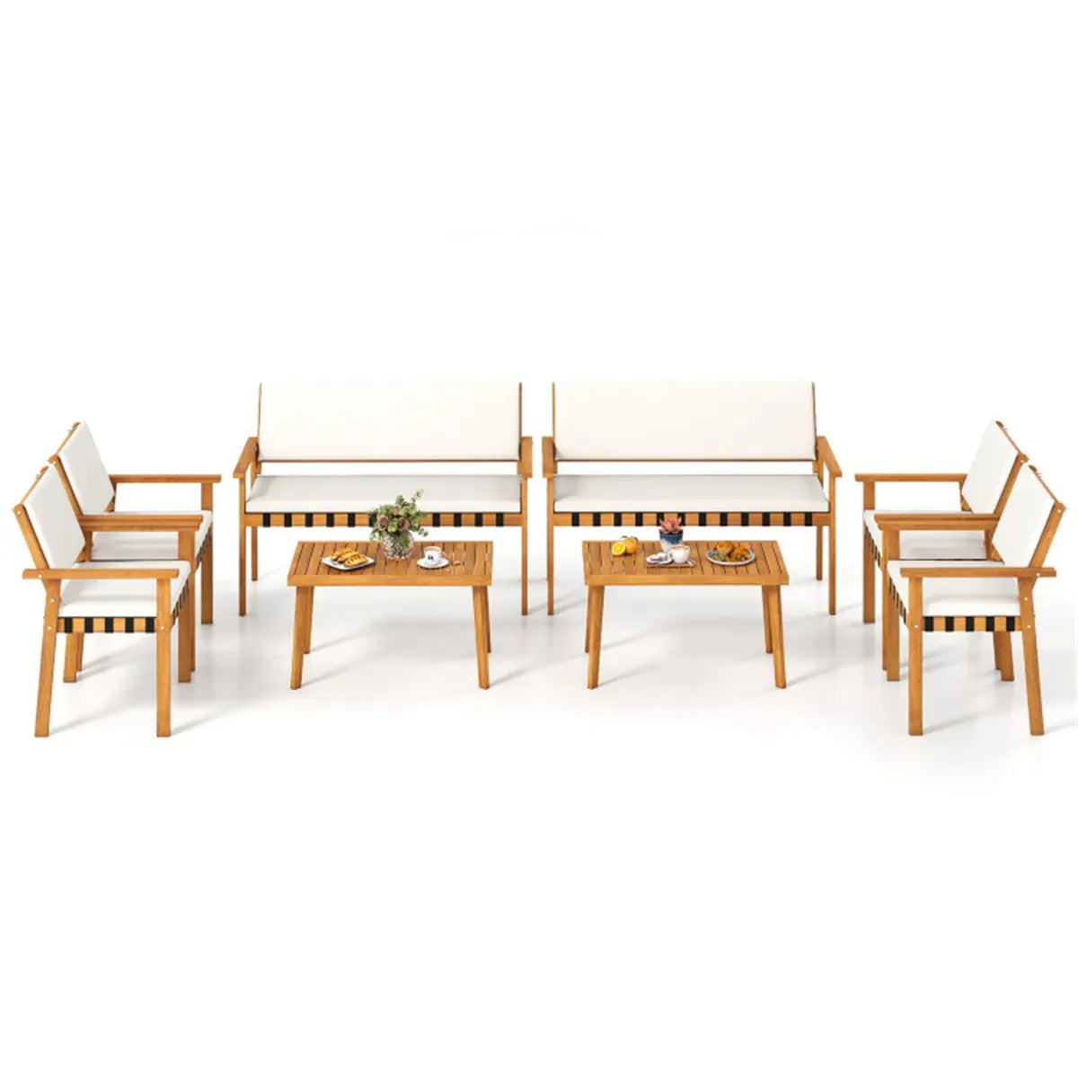 4-Piece Acacia Wood Patio Conversation Set with Cushions, Loveseat, Armchairs and Coffee Table