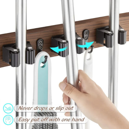 Rustic Wood Wall-Mounted Mop and Broom Holder with 4 Slots and 4 Hooks