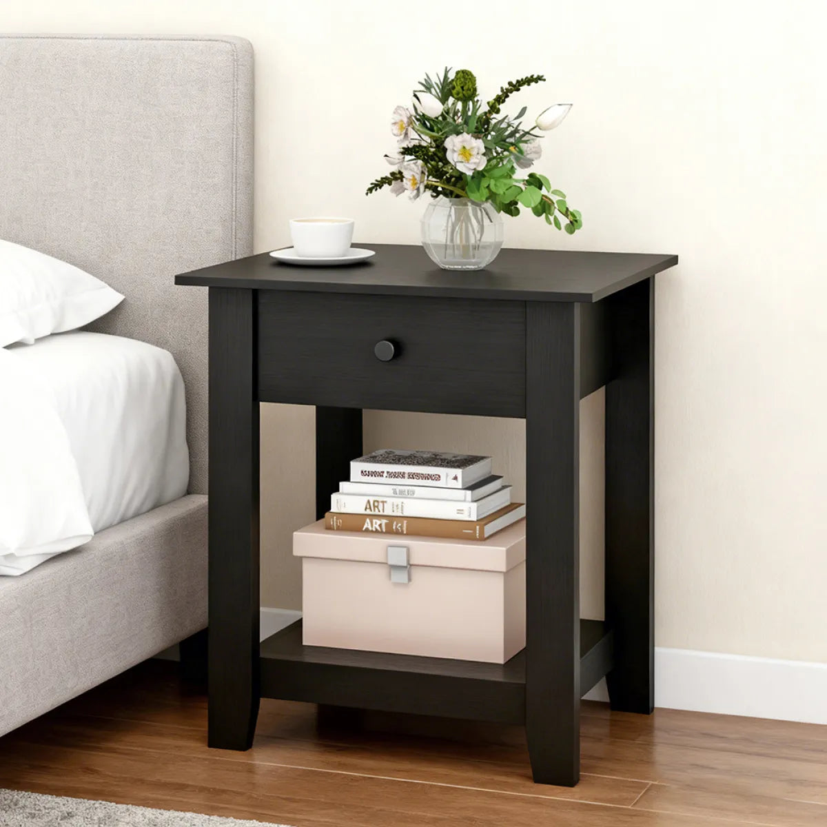 3-Tier Nightstand with Drawer and Open Shelf, Black