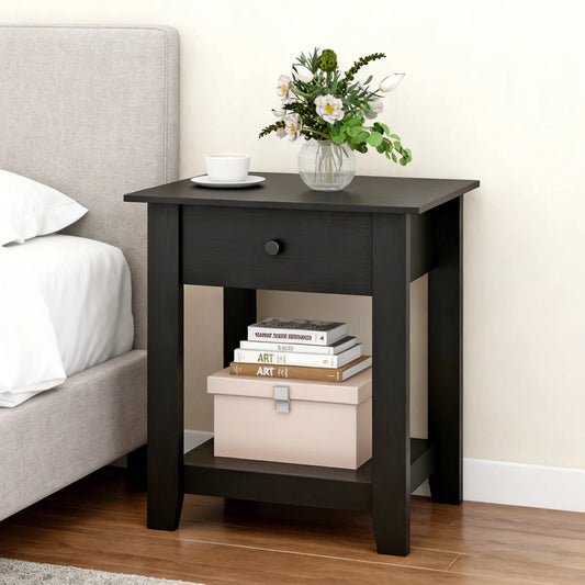 3-Tier Nightstand with Drawer and Open Shelf, Black