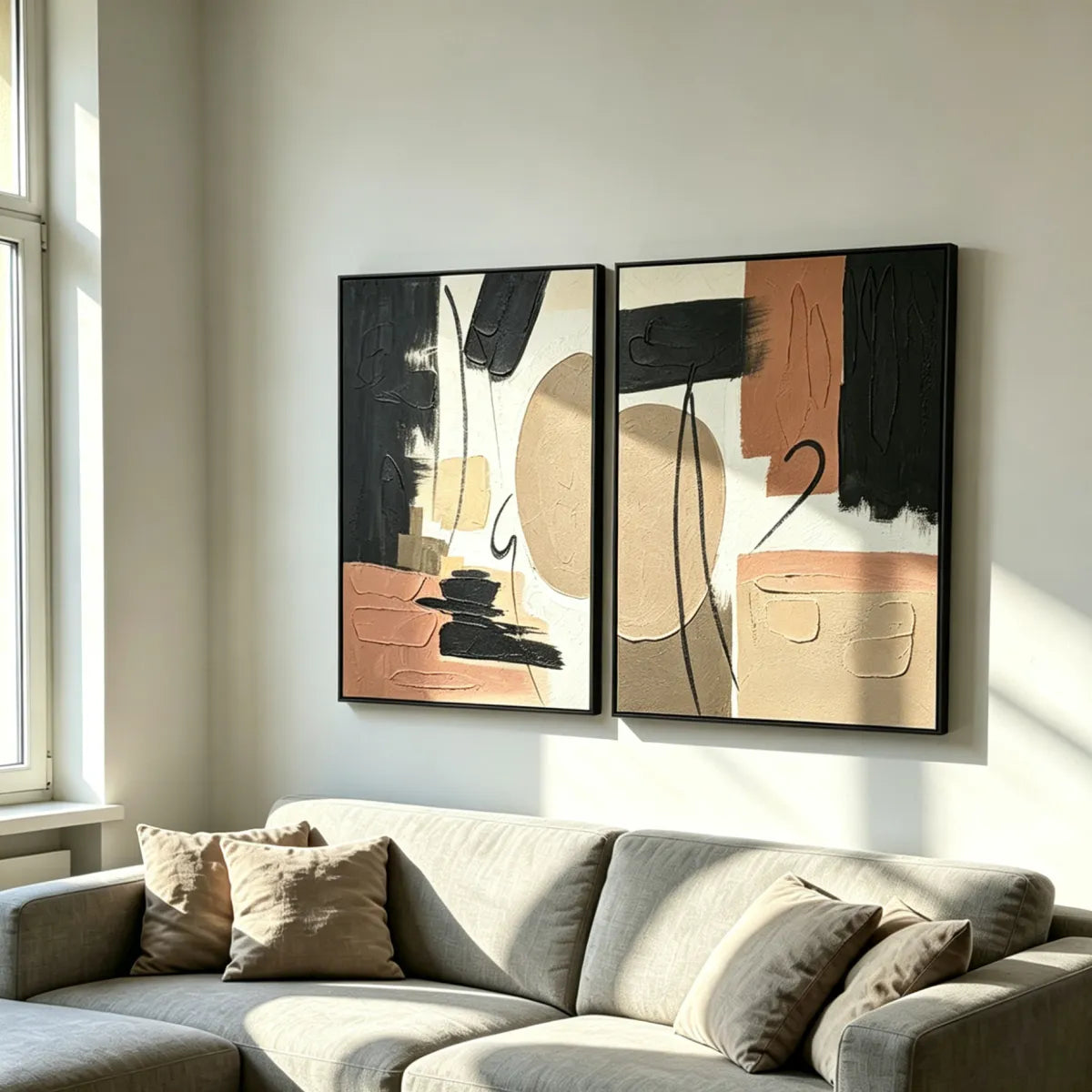 Set of 2 Framed Abstract Wall Art, Black, Beige and Terracotta Textured Canvas