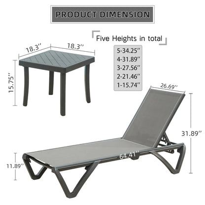 Set of 3 Aluminum Patio Chaise Lounge Chairs with Side Table, 5-Position Adjustable, Gray