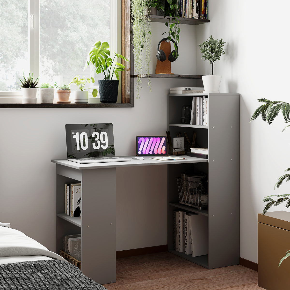 Compact computer desk with 6-tier bookshelf, gray