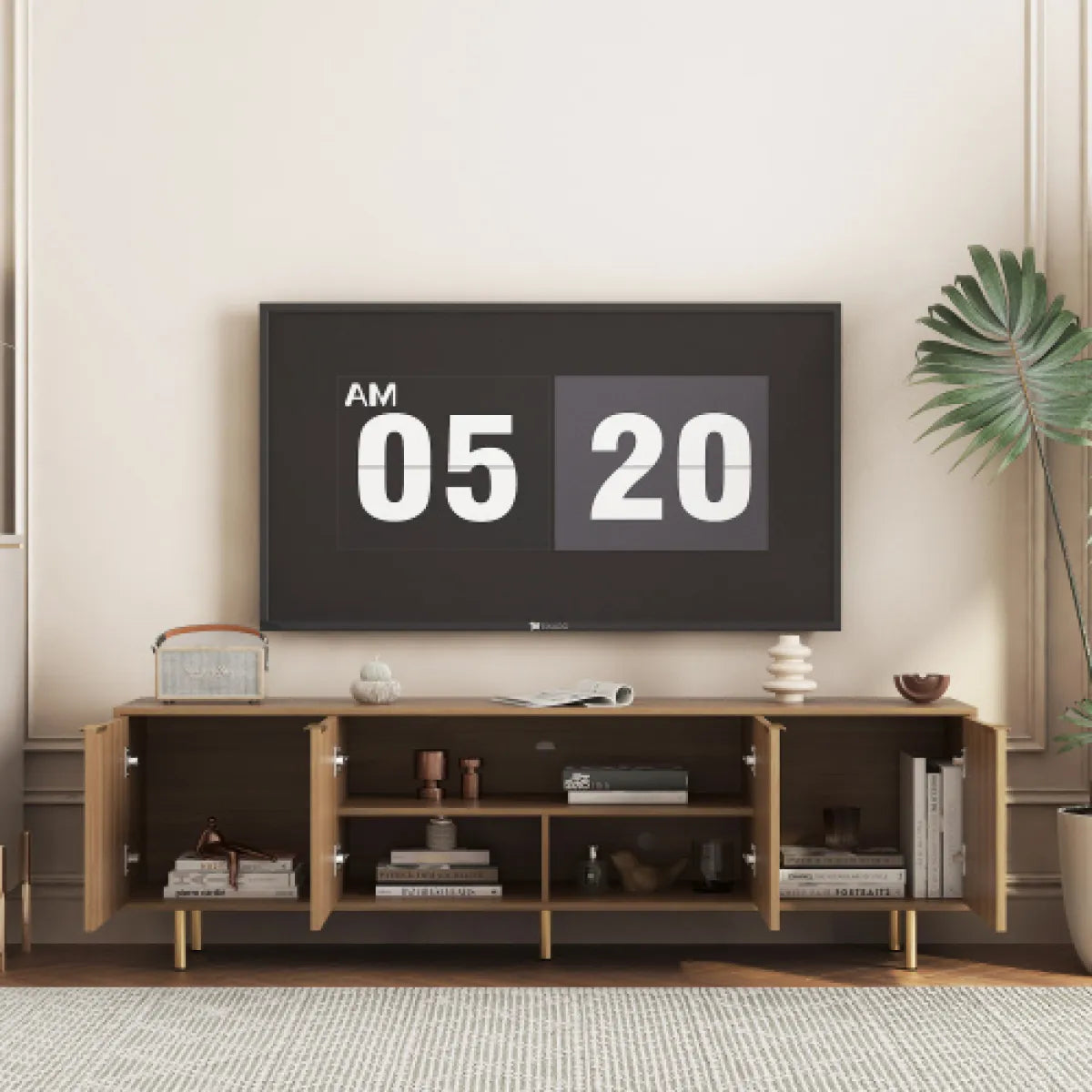 68" Fluted Wood TV Stand – Entertainment Center with Storage Doors, Wood Grain – view 5