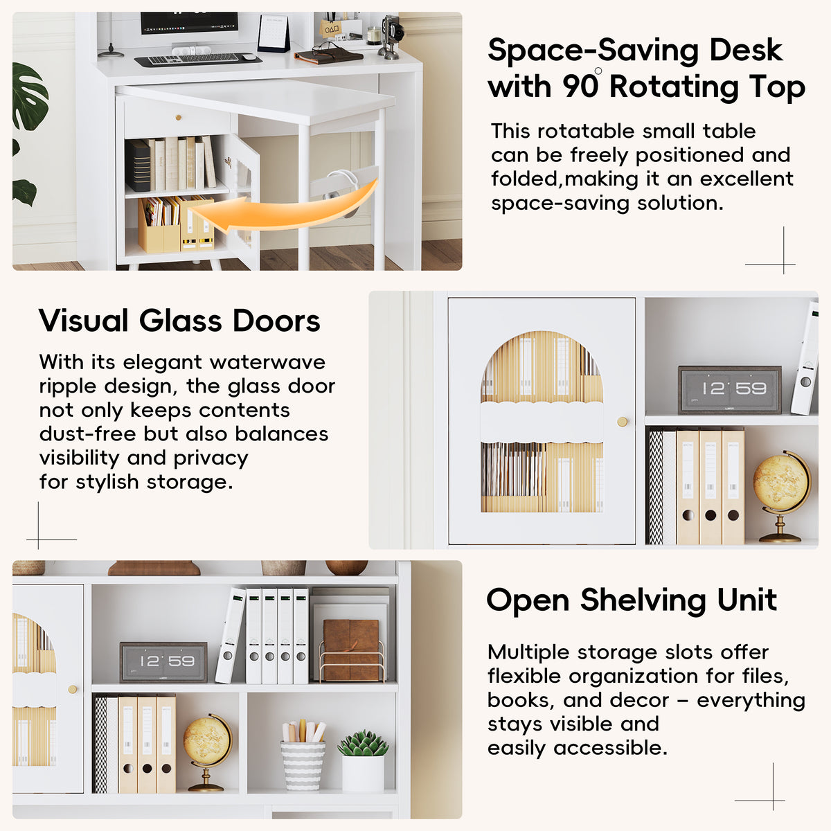 Rotating desktop computer desk with storage, white