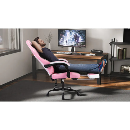 Ergonomic Racing Style Gaming Chair – Massage Lumbar Support, Footrest, Adjustable Headrest, Pink White – view 6