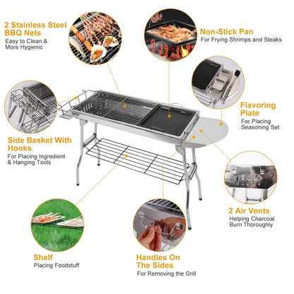 Foldable Stainless Steel Charcoal BBQ Grill – Portable Picnic & Camping Barbecue