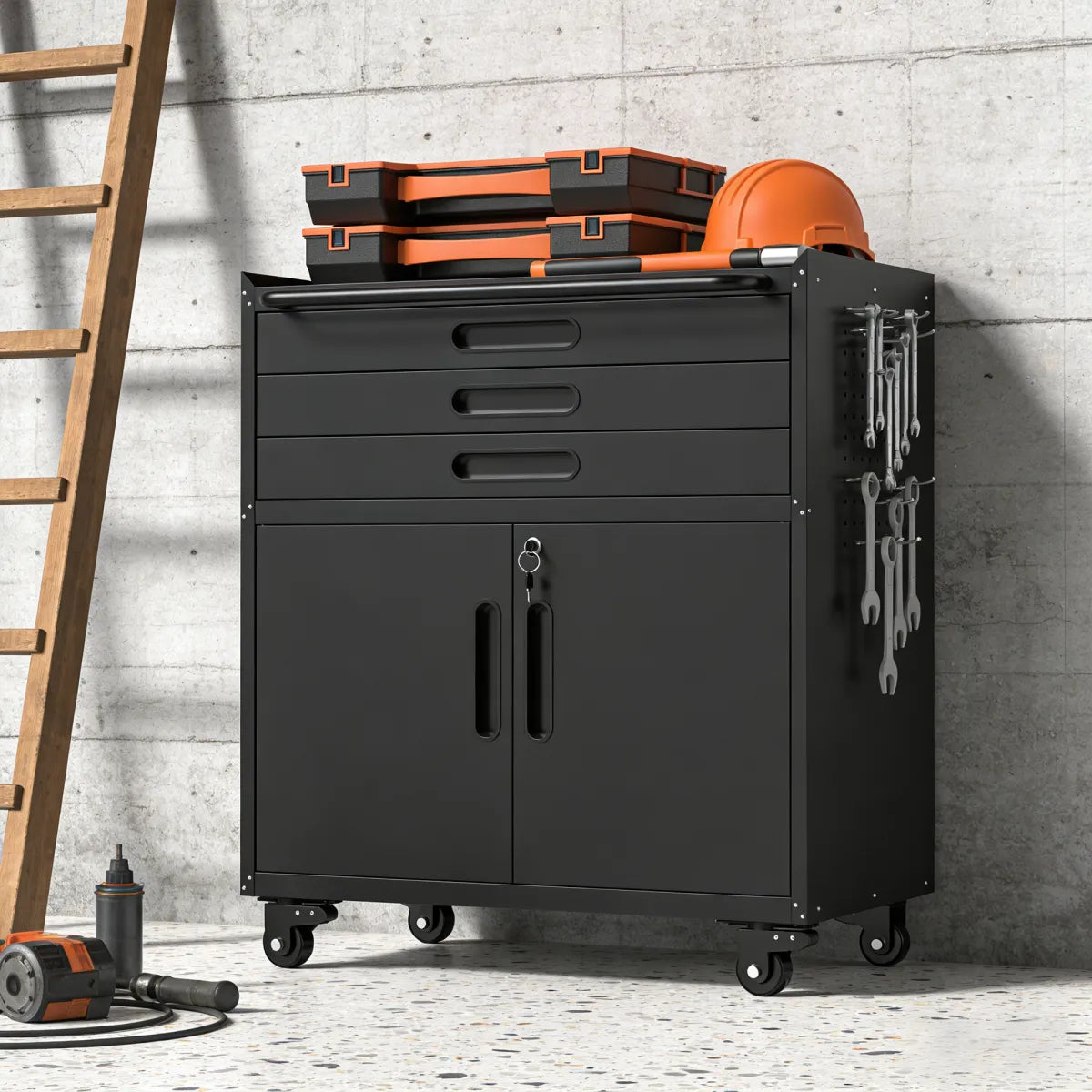 Rolling Metal Tool Cabinet with Lockable Doors and 3 Drawers, Black