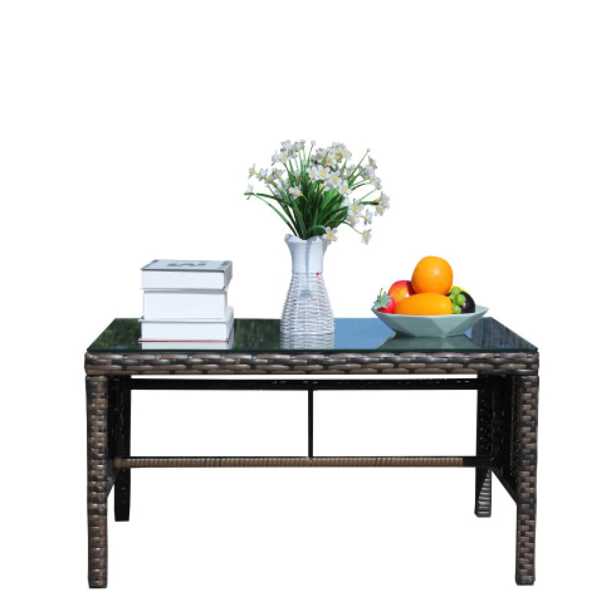 Outdoor Wicker Coffee Table with Clear Tempered Glass Top